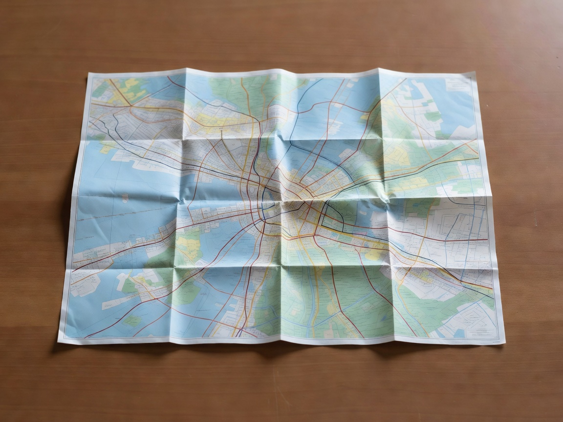 Folded road map on a brown table