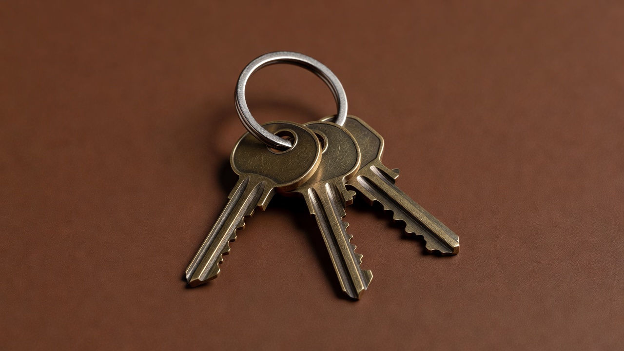 Three softly lit keys on a ring against a plain brown background
