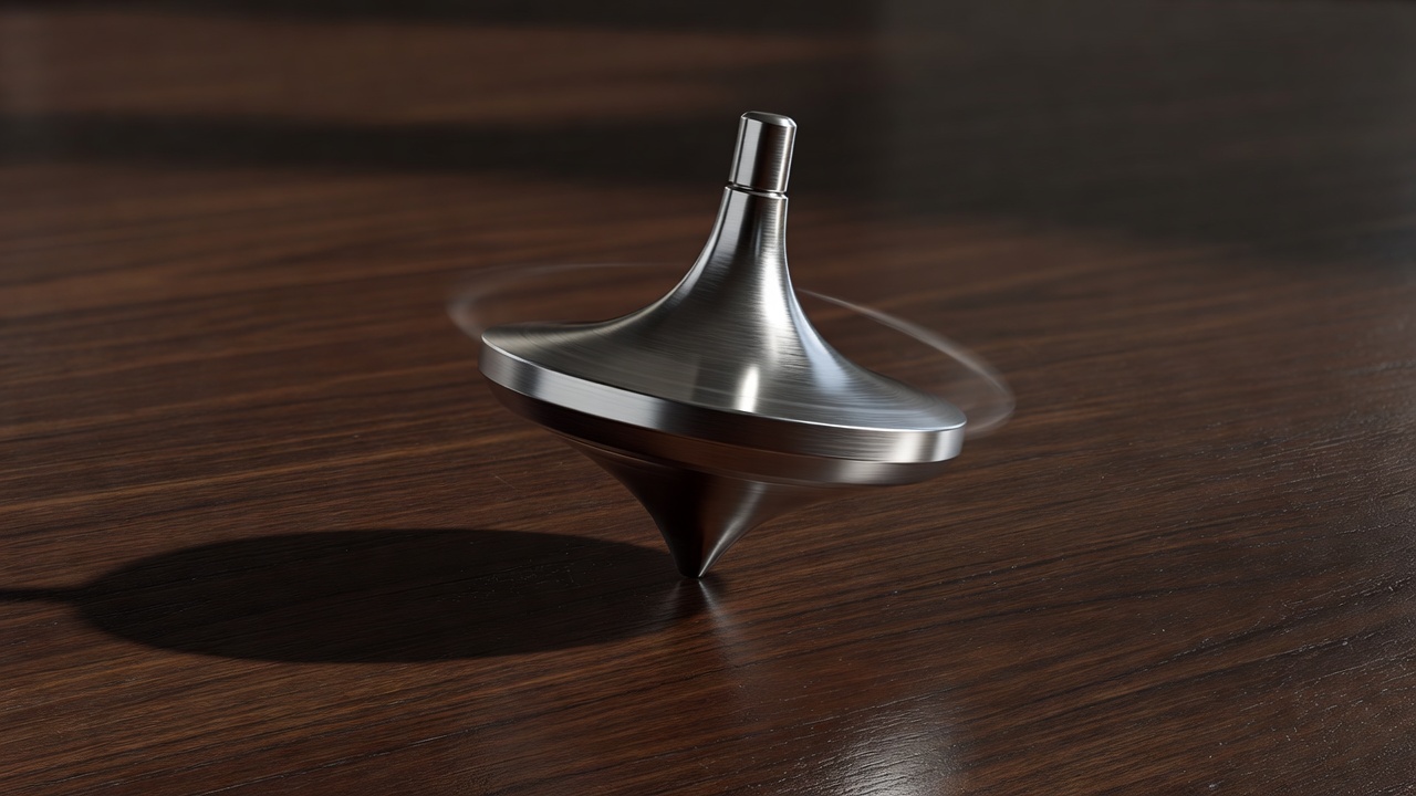 Close render of a metal spinning top tilting mid-wobble on a dark brown surface